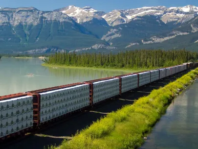 A freight train carrying lumber travels alongside a river with dense forests and snow-capped mountains in the background.