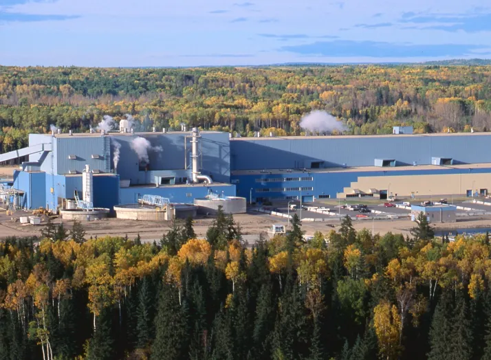 A large industrial building is situated in a clearing surrounded by a forest with trees bearing autumn foliage. Steam or smoke rises from parts of the building’s structures under a clear sky.
