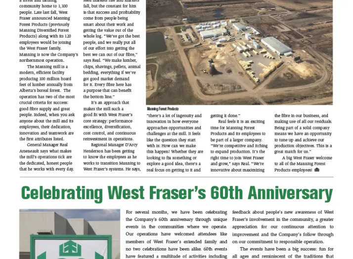 Front page of a newsletter titled "Chip Chatter" featuring articles about welcoming Manning Forest Products and celebrating West Fraser's 60th anniversary.