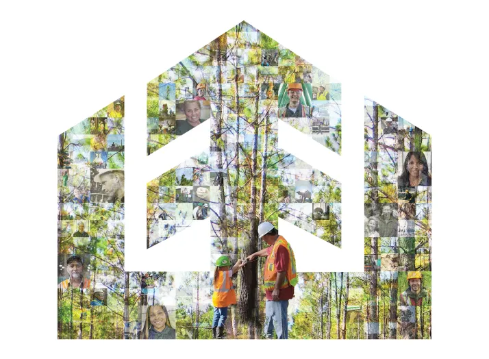 An image of people working in a forest is overlaid with photographs of various individuals, forming the shape of a house.