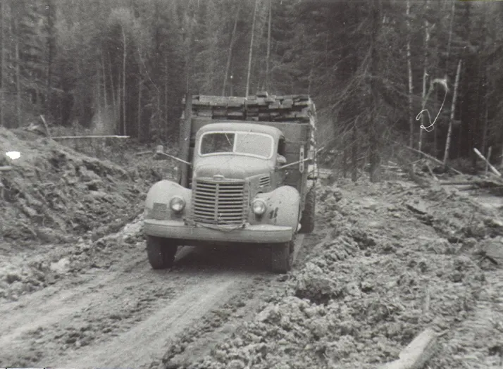 A vintage truck drives on a muddy, rugged forest road surrounded by tall trees.