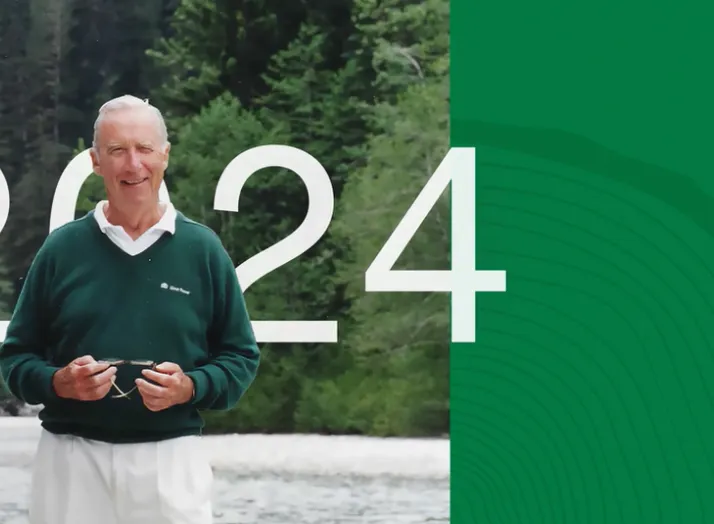 Elderly man smiling outdoors with trees in background. Large text: "2024." Green design element on the right side.