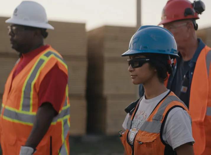 Three construction workers wearing helmets and reflective vests stand outdoors near stacks of wooden boards.